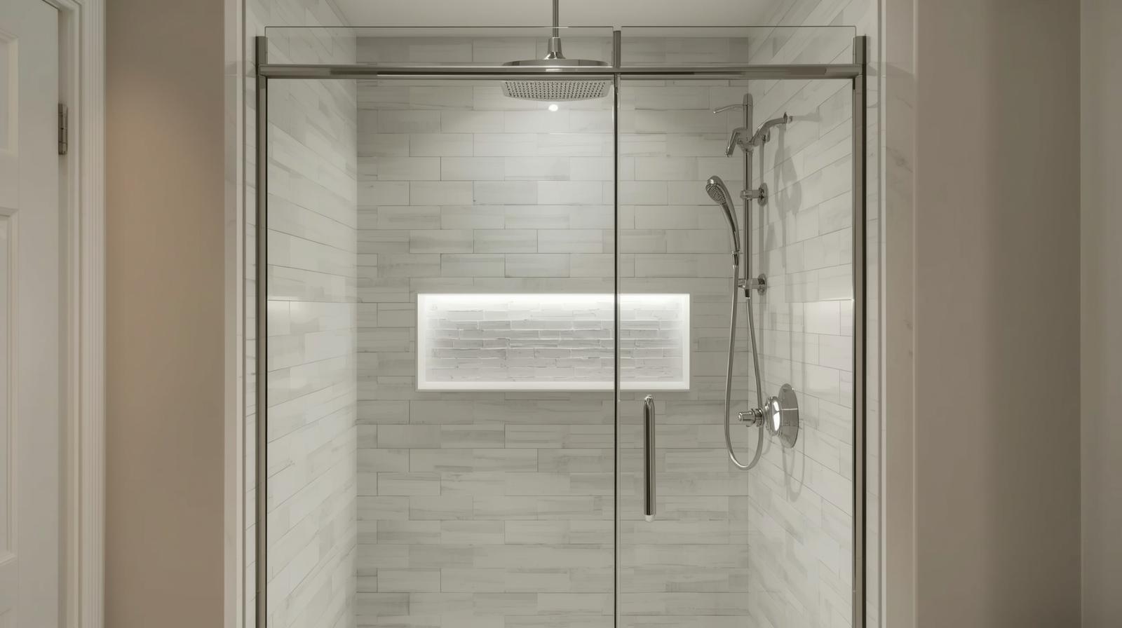 Shower built into a narrow alcove