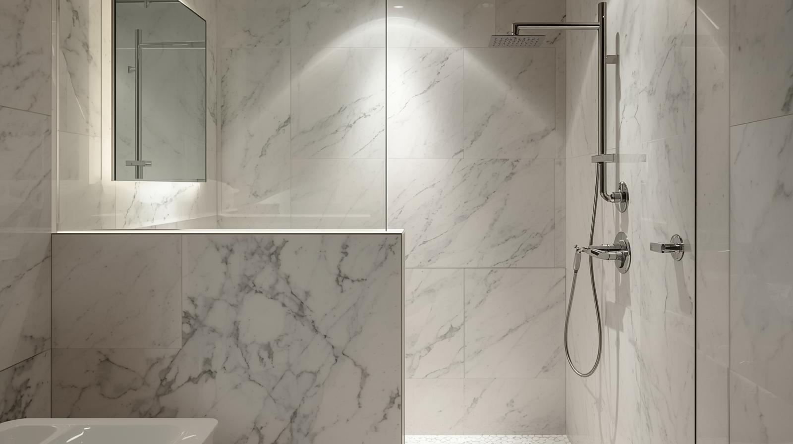 Walk-in shower with a half-wall or pony wall