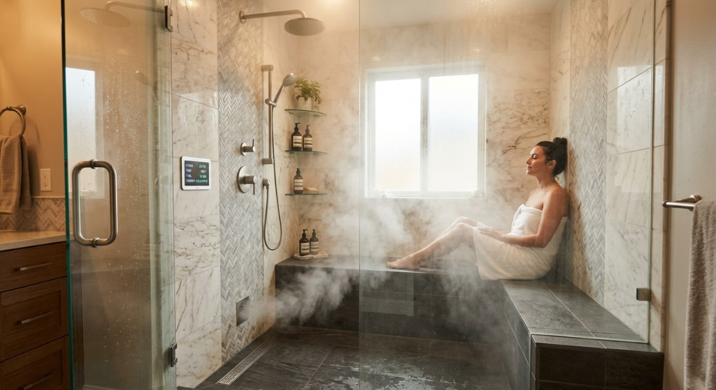 Luxury steam shower with tile walls, bench seating, and digital controls producing therapeutic steam