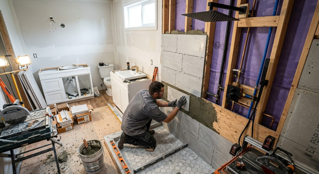 Bathroom shower remodel in progress showing tile installation, framing, and new fixtures