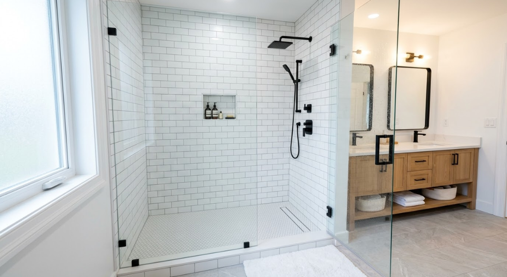 Modern walk-in shower conversion replacing a dated bathtub — white subway tile, frameless glass door