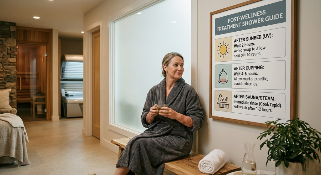 Person in a wellness setting after cupping, sunbed, and sauna treatments — post-treatment shower timing guide