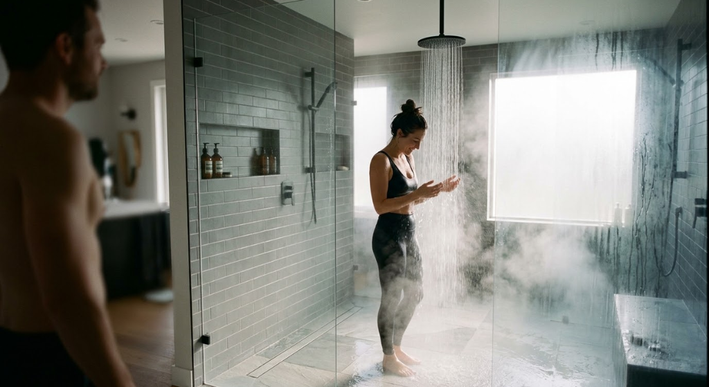 Person standing in a modern shower, water running, steam rising