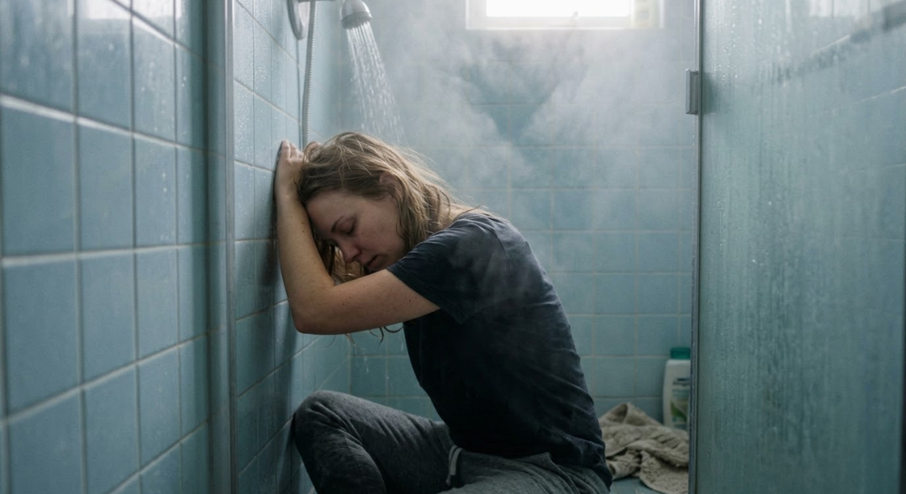 Person leaning against shower wall after a night of drinking, steam rising around them